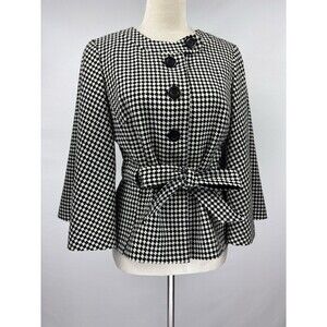Loft Wool Cape Jacket Black White Checkered Pattern 8 Belted Cropped Wide Sleeve